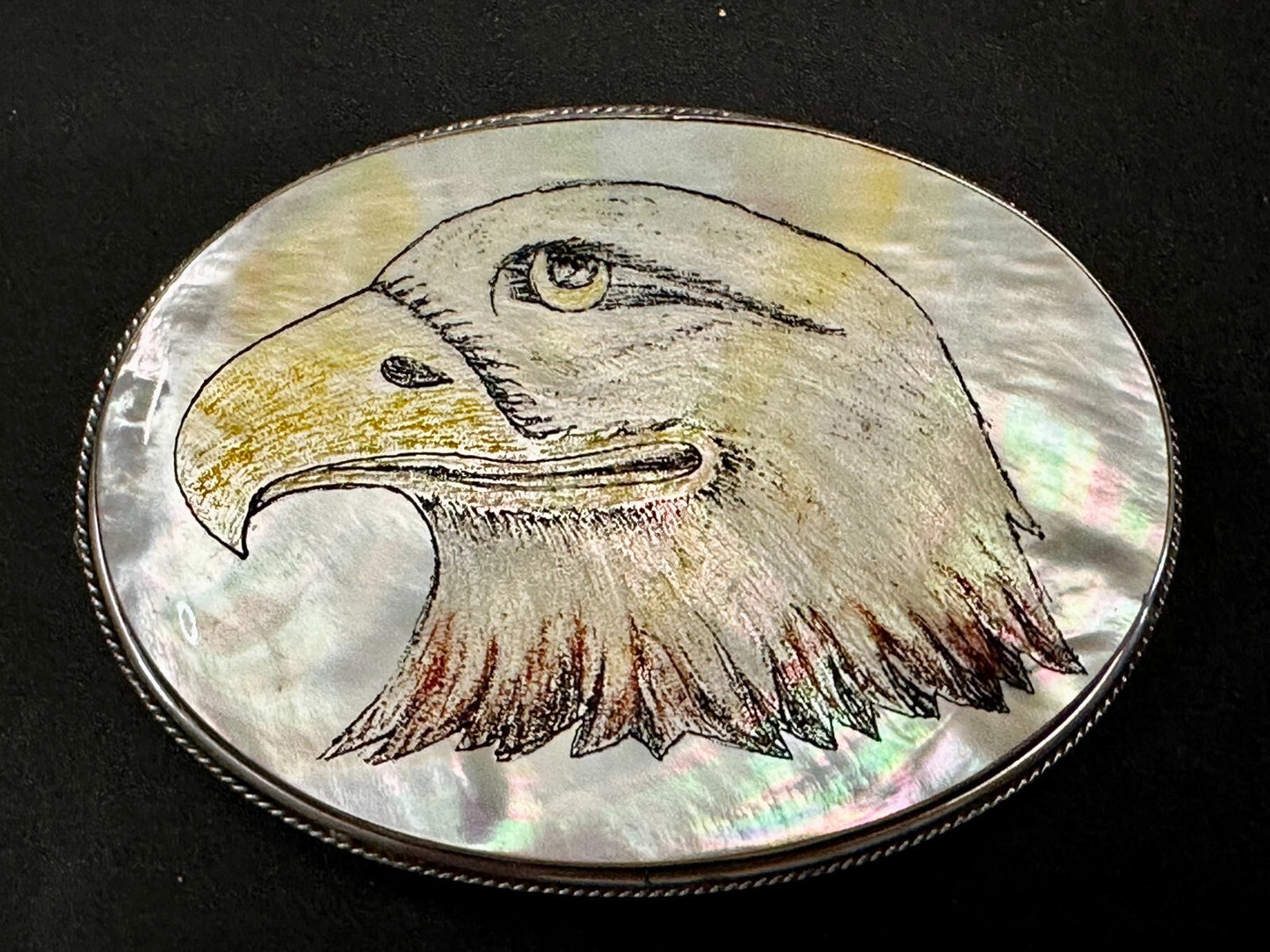 American Bald Eagle Handmade On Mother Of Pearl Shell Belt Buckle - Hallmarked M