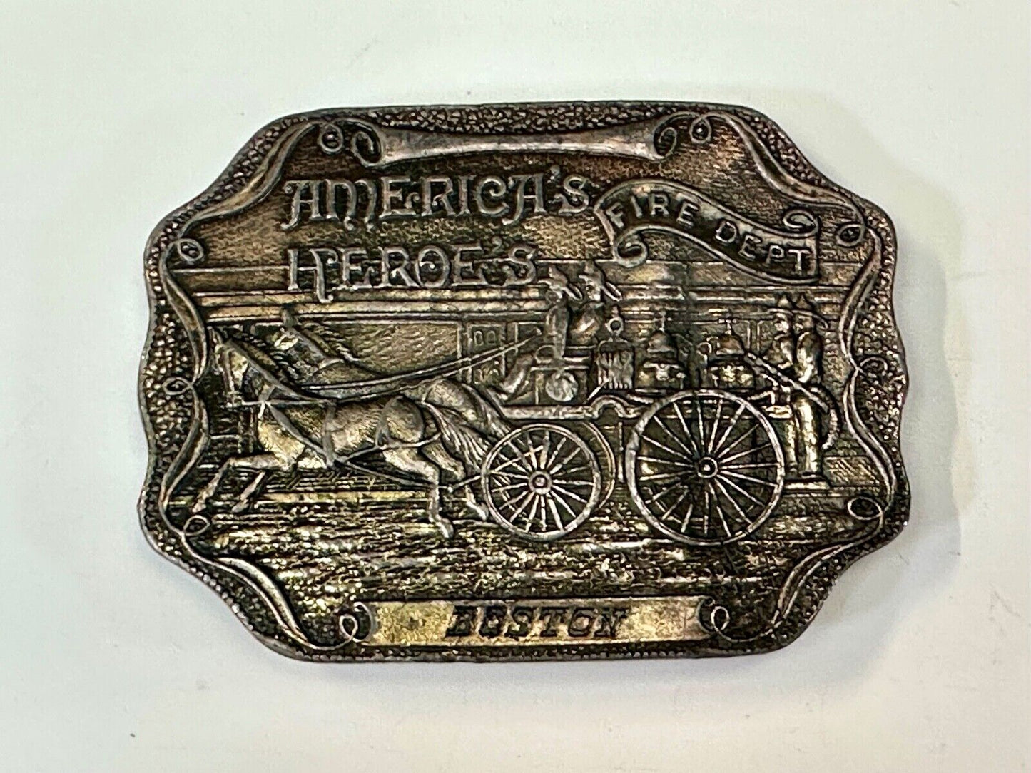 America's Heroes Fire Dept Boston Brass Tone Belt Buckle Horse Wagon
