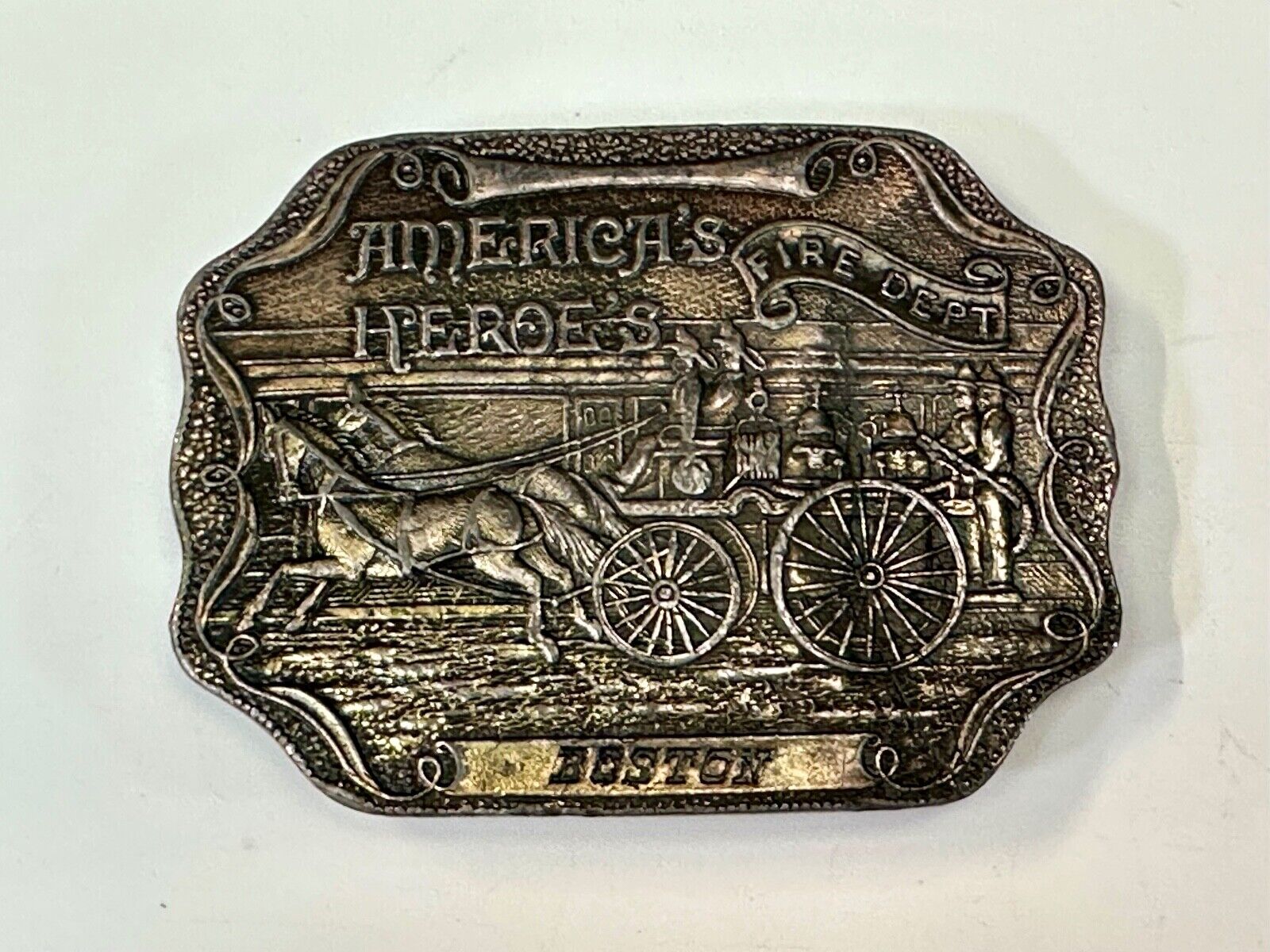 America's Heroes Fire Dept Boston Brass Tone Belt Buckle Horse Wagon