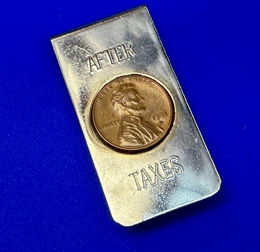After Taxes! Single Lincoln 1981 Penny Vintage Funny Bill Cash Holder Money Clip