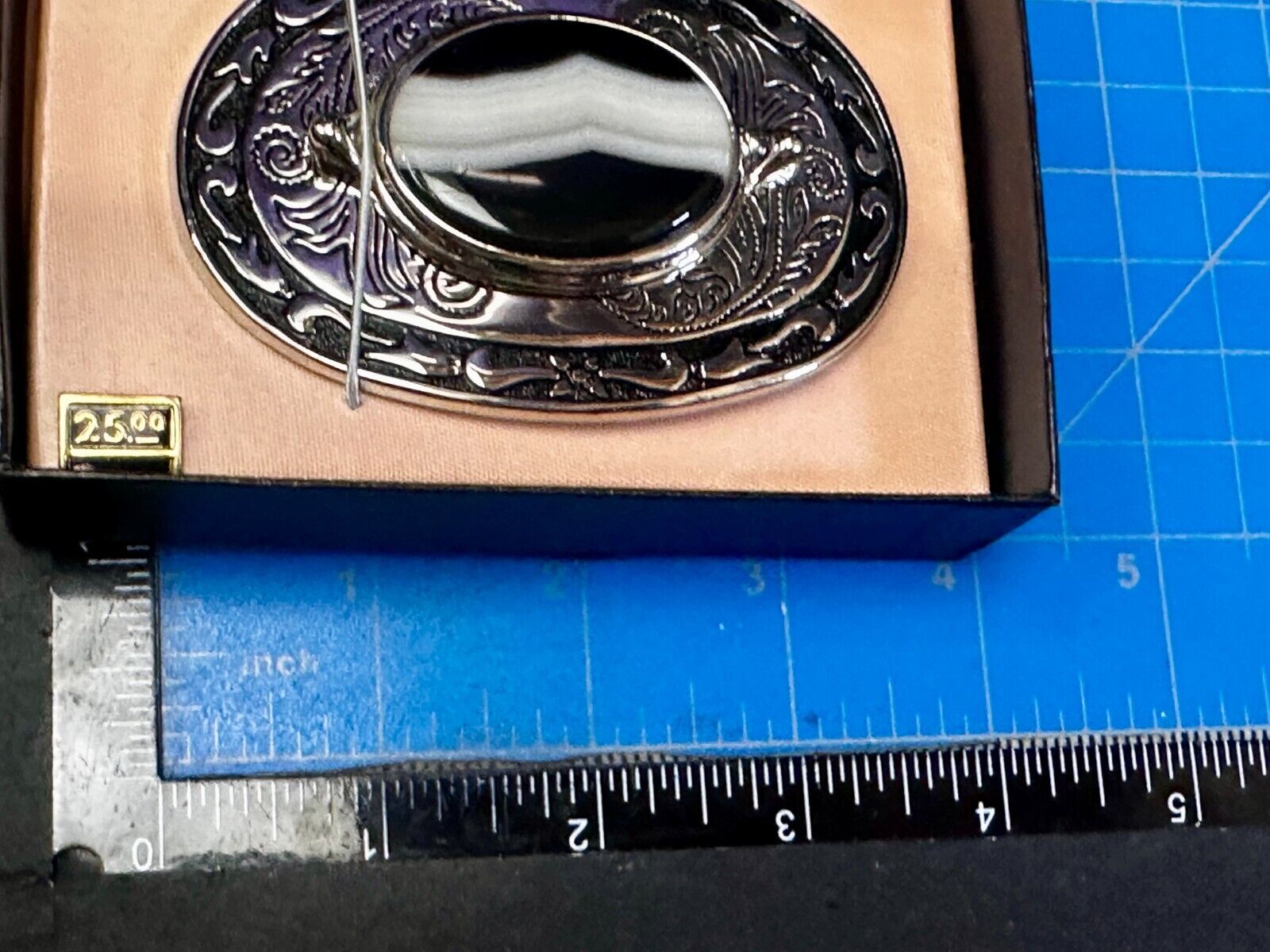 Black & White Onyx Cabochon Cab Stone Mounted In Vintage NOS Ornate Belt Buckle