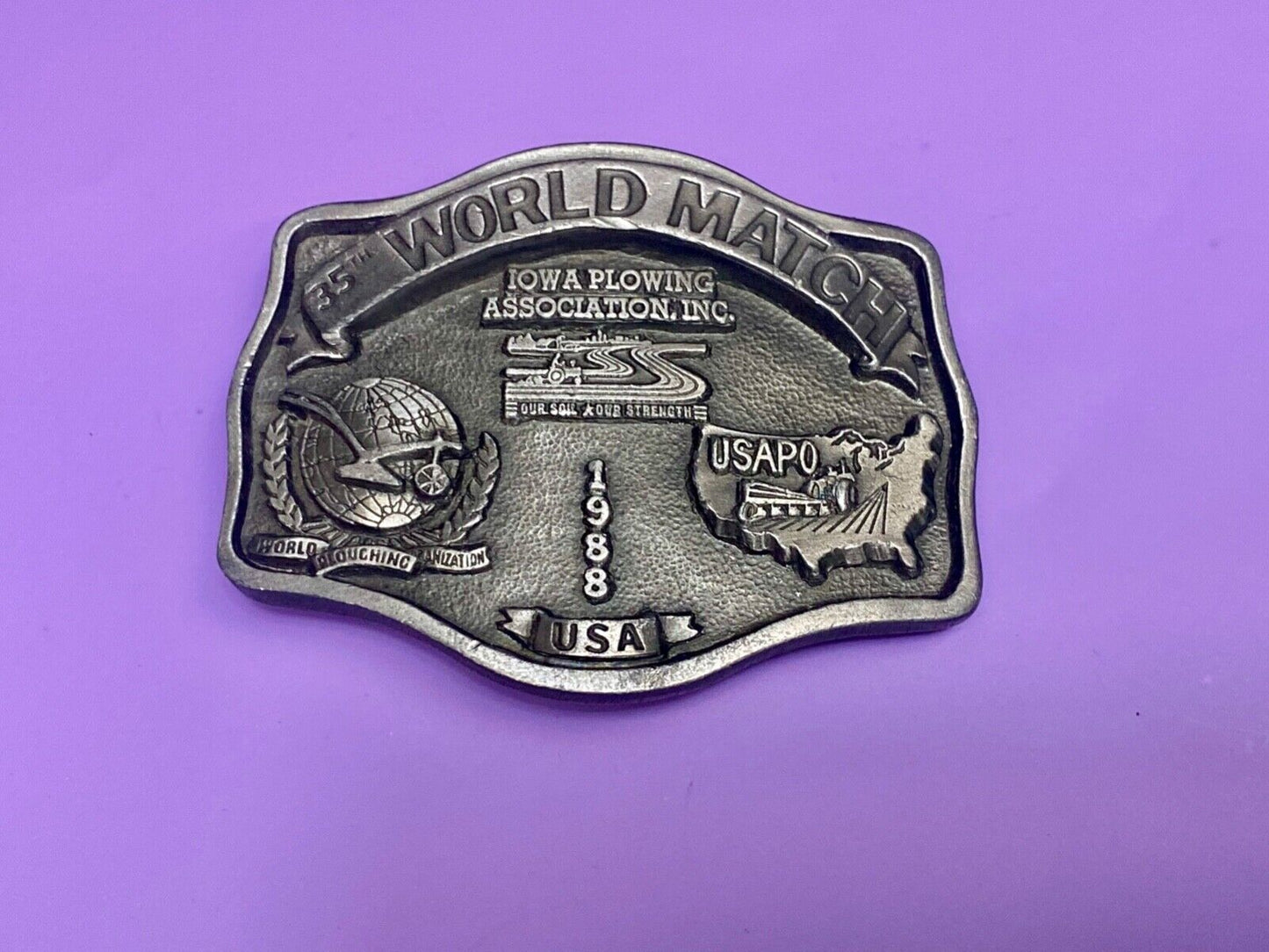 USA Plowing Organization IOWA USAPO  world match 1988 commemorative belt buckle