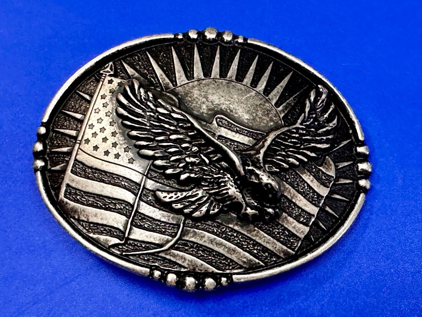 American Flying Eagle Flag Stars Stripe Sun Silver Color Patriotic Belt Buckle