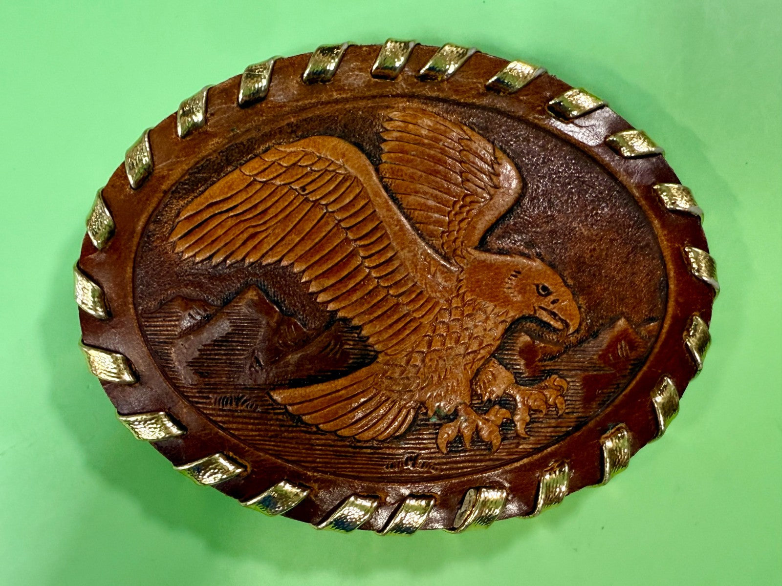 American Bald Eagle Flying Over the Mountain Embossed on Leather Belt Buckle