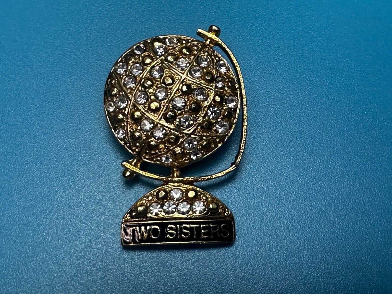 Two Sisters - Globe Covered with Rhinestone's Vintage Gold Tone Brooch Pin