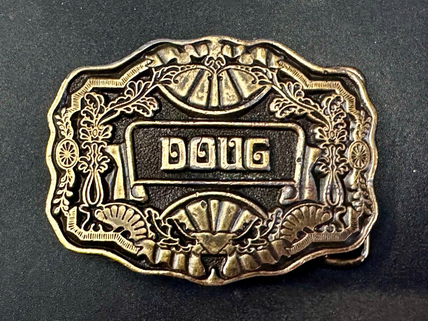 1970s DOUG Name - Custom Brass Tone Metal Oden USA Personalized Belt Buckle