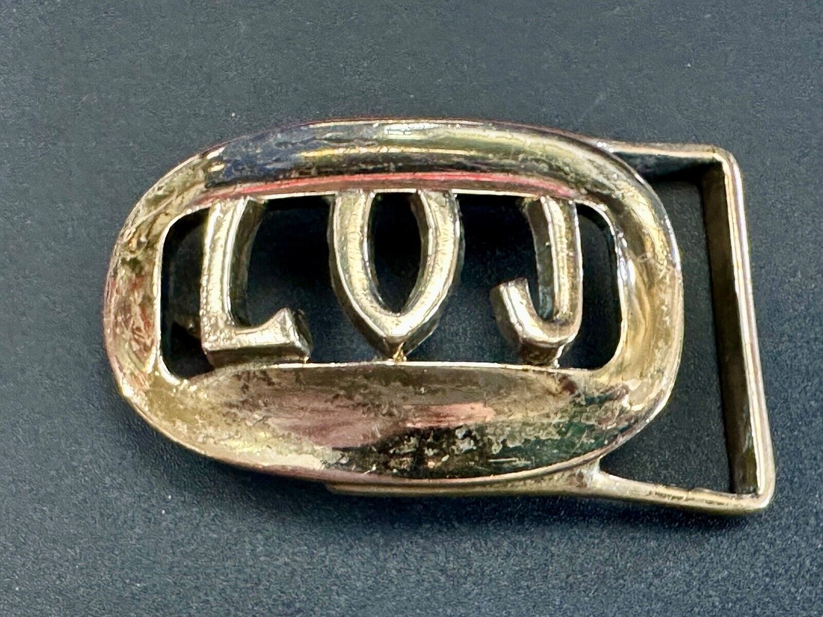 Vintage LVJ LUJ gold tone block letters cutout belt buckle
