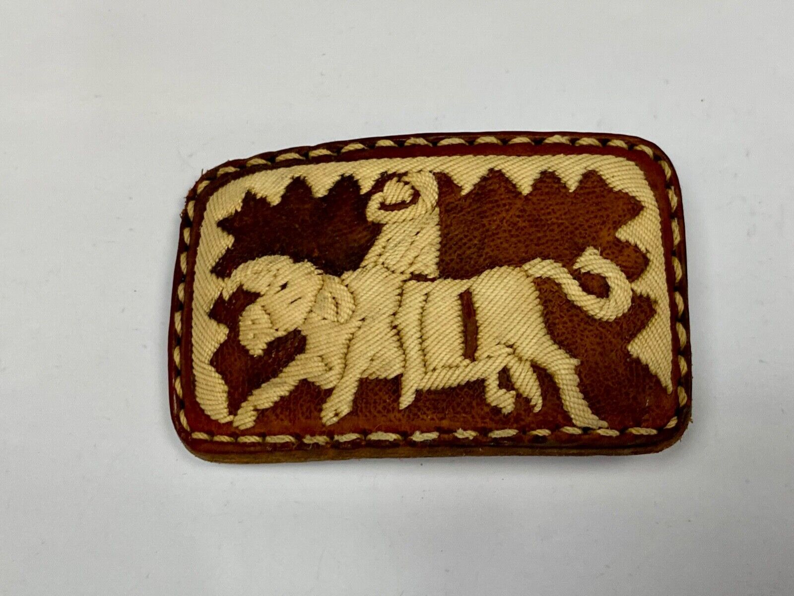 Vintage Fabric Stitched Belt Buckle  Rodeo Cowboy On Wild Bull