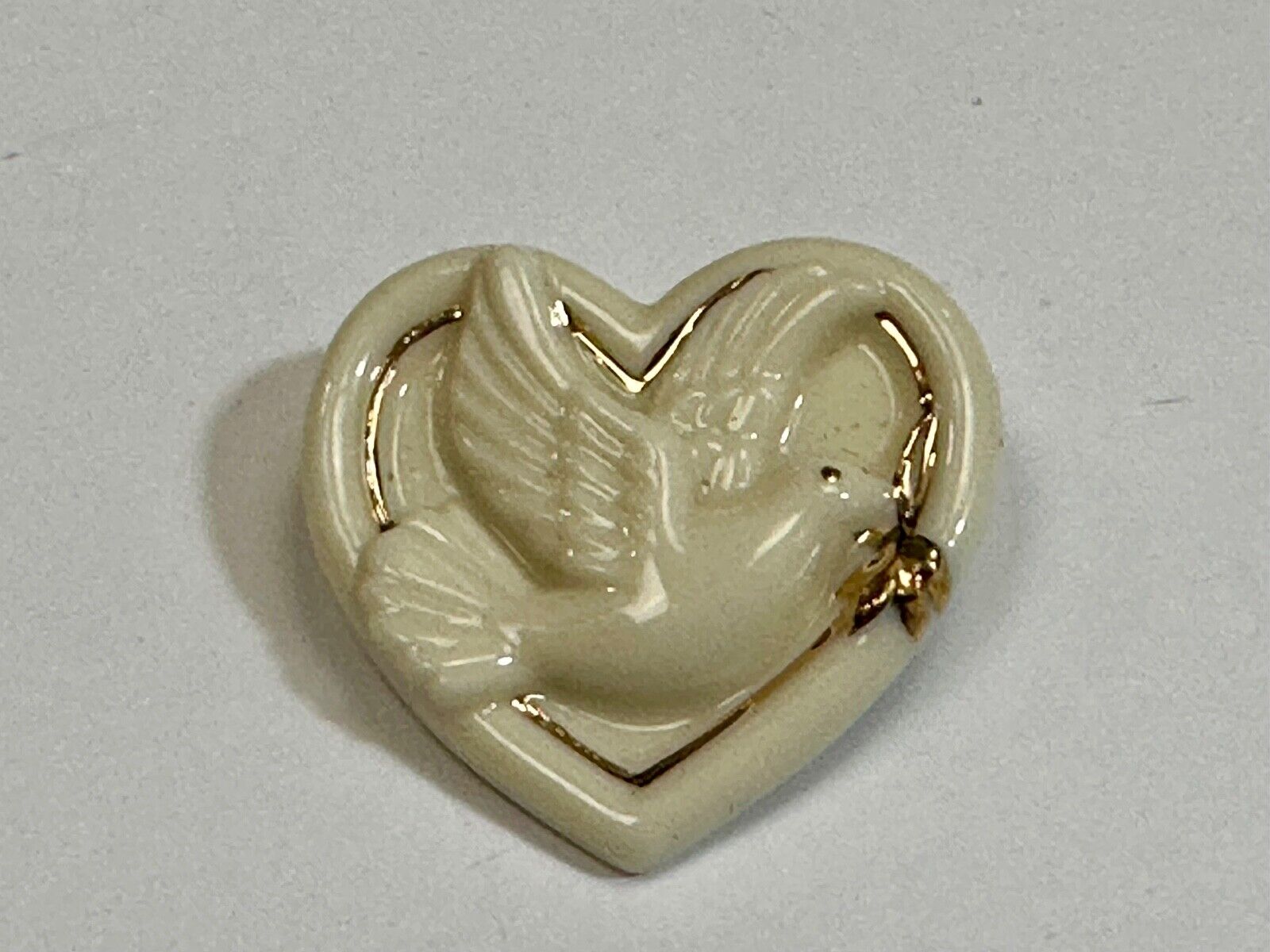 Vintage Lenox Heart Shaped Brooch with Peace Dove & Olive Branch, Gold Trim