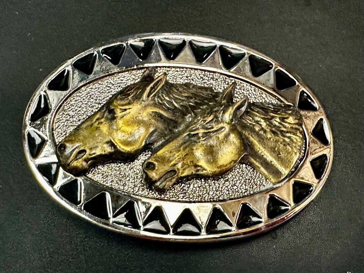 Two Horse Head -  Vintage two tone oval Belt Buckle with black arrow boarder