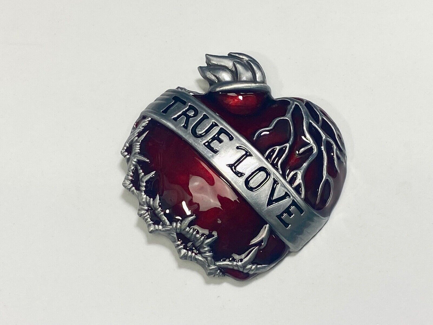 TRUE LOVE - Figural Beating Heart red & Grey barbed wire belt buckle 