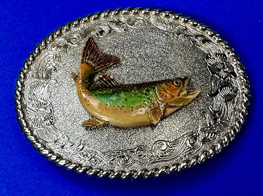 Trout Fish Fisherman Gift Vintage 1978 Oval Belt Buckle by Rain Tree