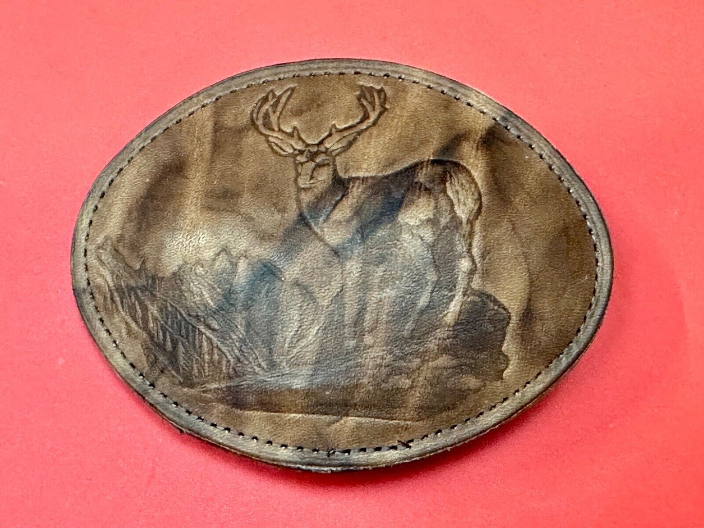Vintage DEER in Nature, Hunters Leather oval LARGE belt buckle