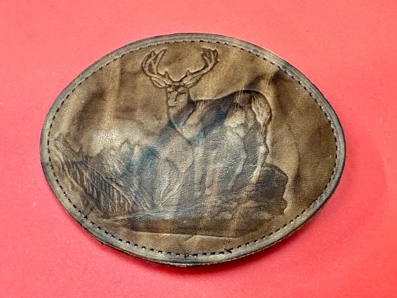 Vintage DEER in Nature, Hunters Leather oval LARGE belt buckle