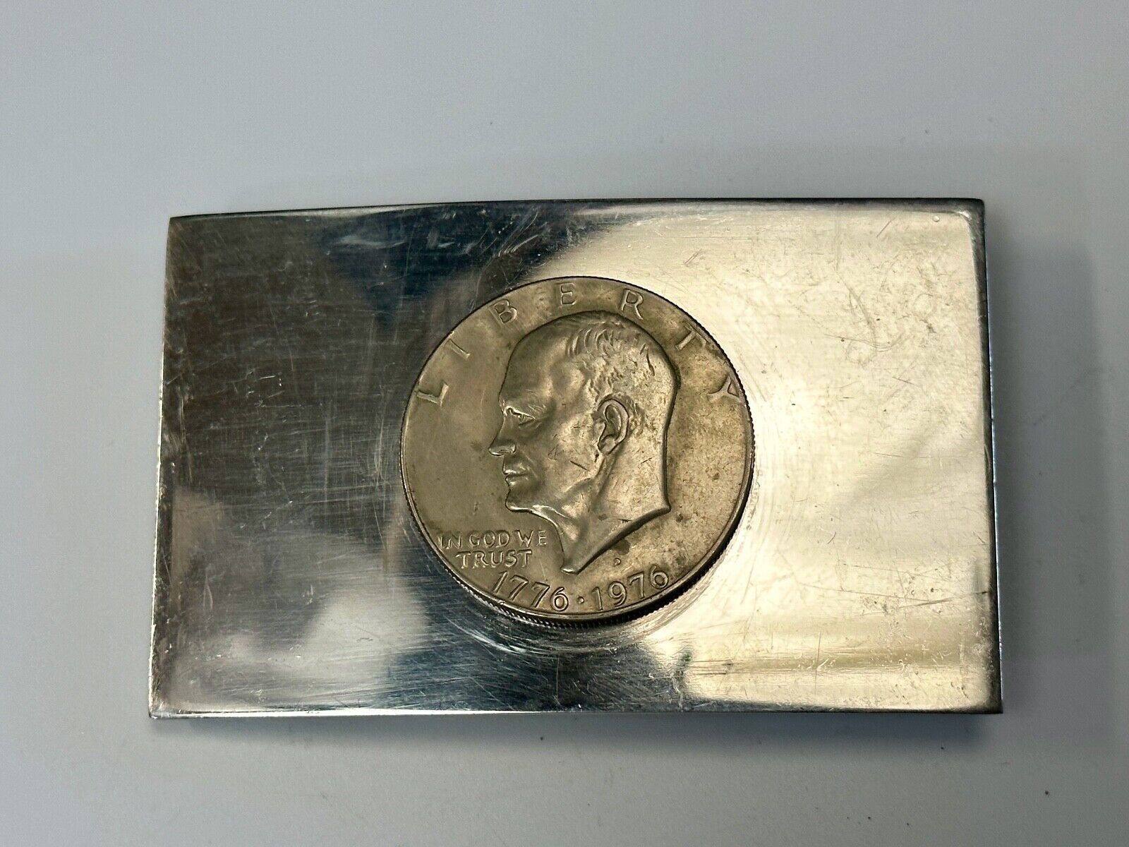 Vintage Bicentennial 1976 Liberty coin collectors artisan reflective belt buckle