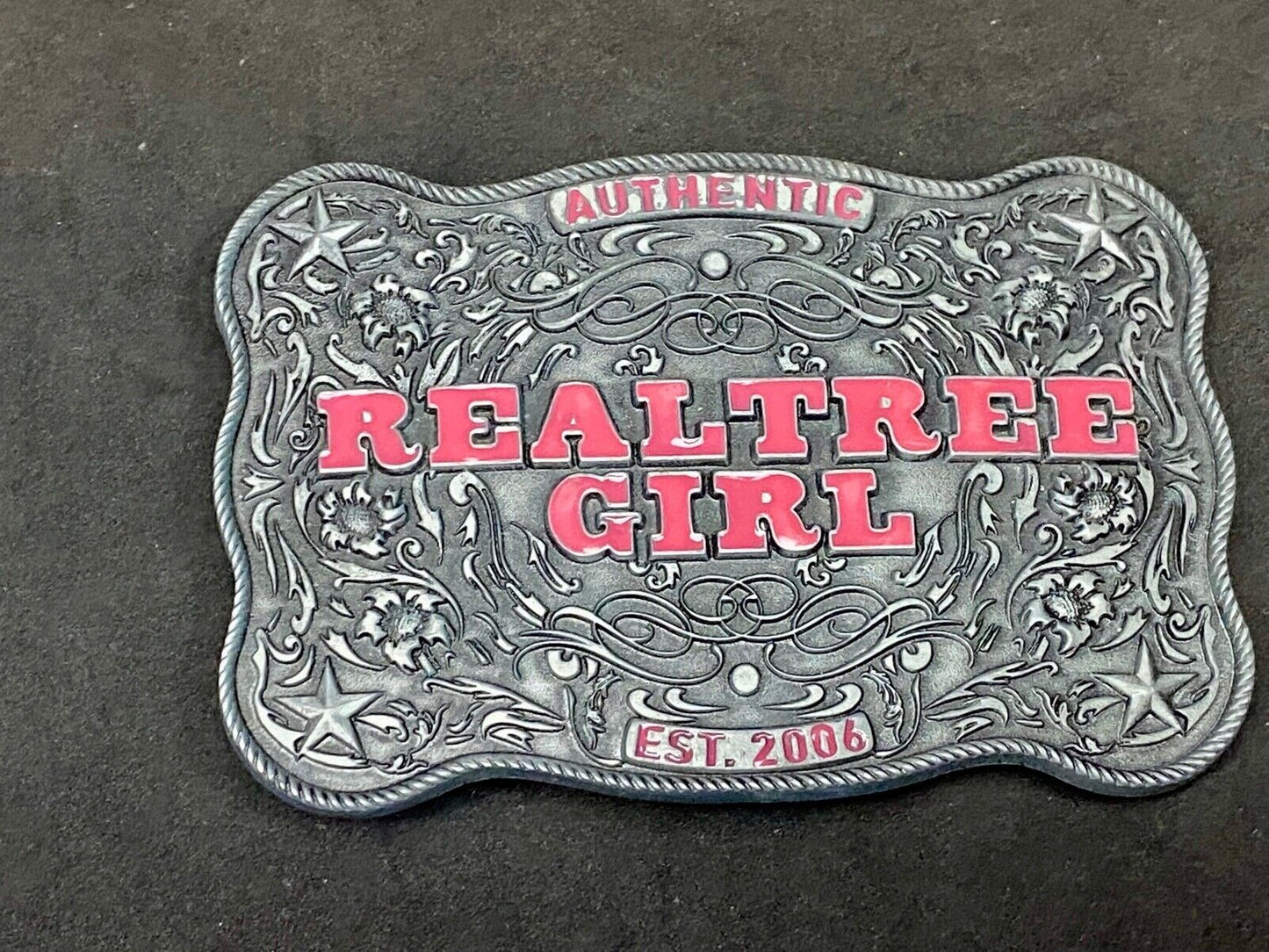 Authentic Realtree Girl Girlie Western Cowgirl Pink Lettering Ornate Belt Buckle