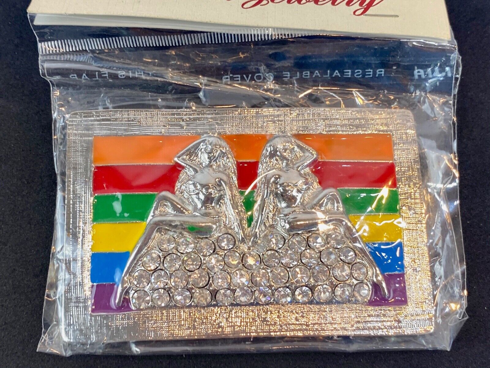 Two women on mound of rhinestones Rainbow colors belt buckle - lgbt lesbian