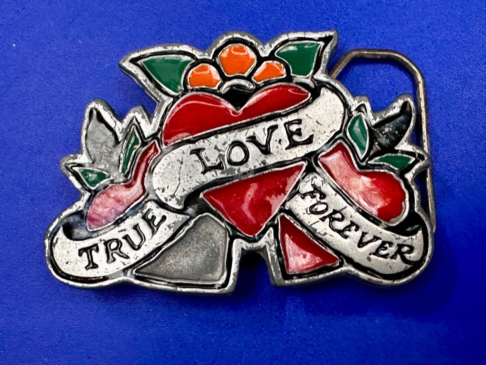 True Love Forever Three Hearts Ribbon Vintage Sailor Jerry Belt Buckle