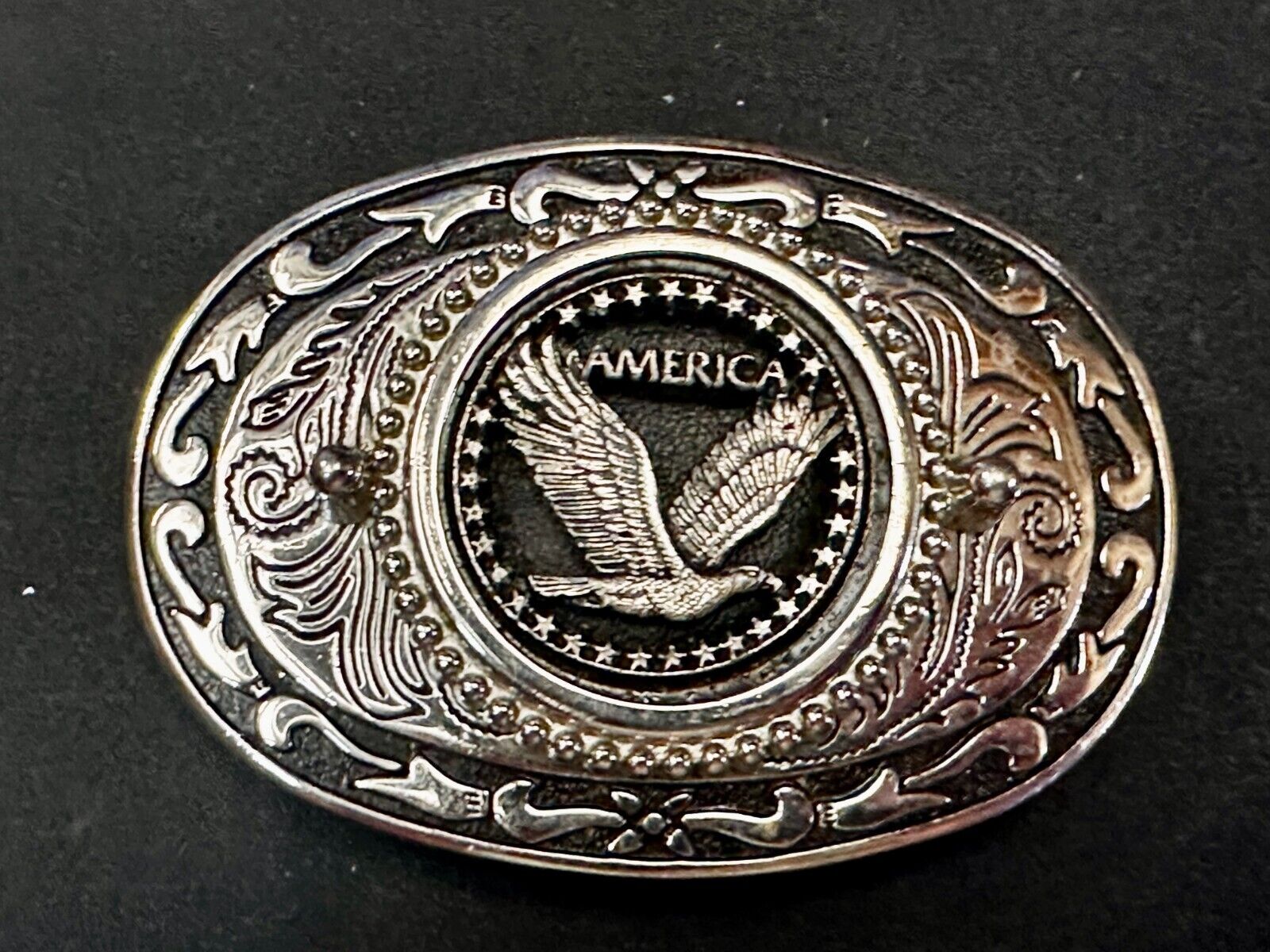 American Patriotic Bald Eagle Centered Flower Swirl Western Vintage Belt Buckle