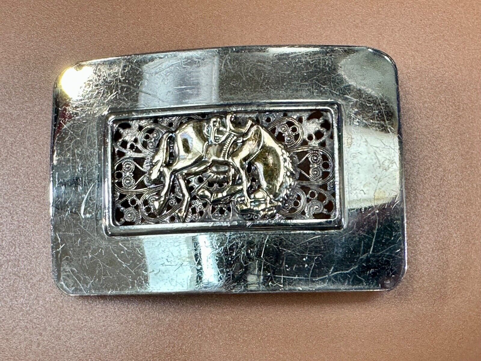 Unique Rodeo Cowboy Horse Saddle Bronc Nickel Silver Mesh Background belt Buckle