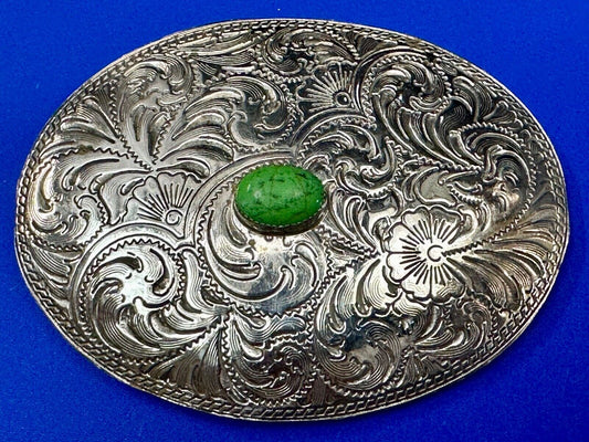 Artisan Made vtg Large western flower swirl design belt buckle  green center Cab
