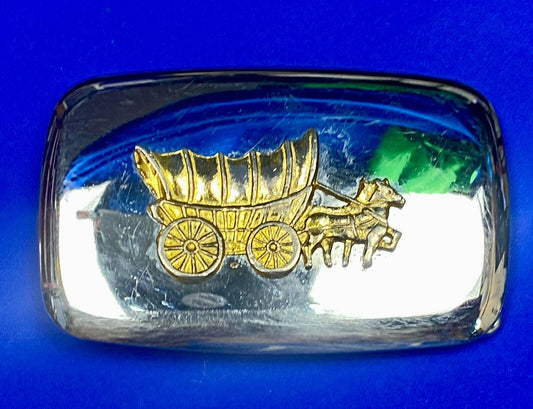 Usa Made Horse Drawn Covered Wagon - Dual Tone Rectangular Western Belt Buckle
