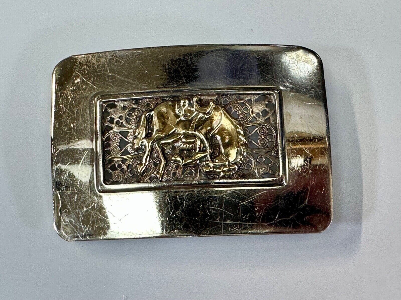 Unique Rodeo Cowboy Horse Saddle Bronc Nickel Silver Mesh Background belt Buckle