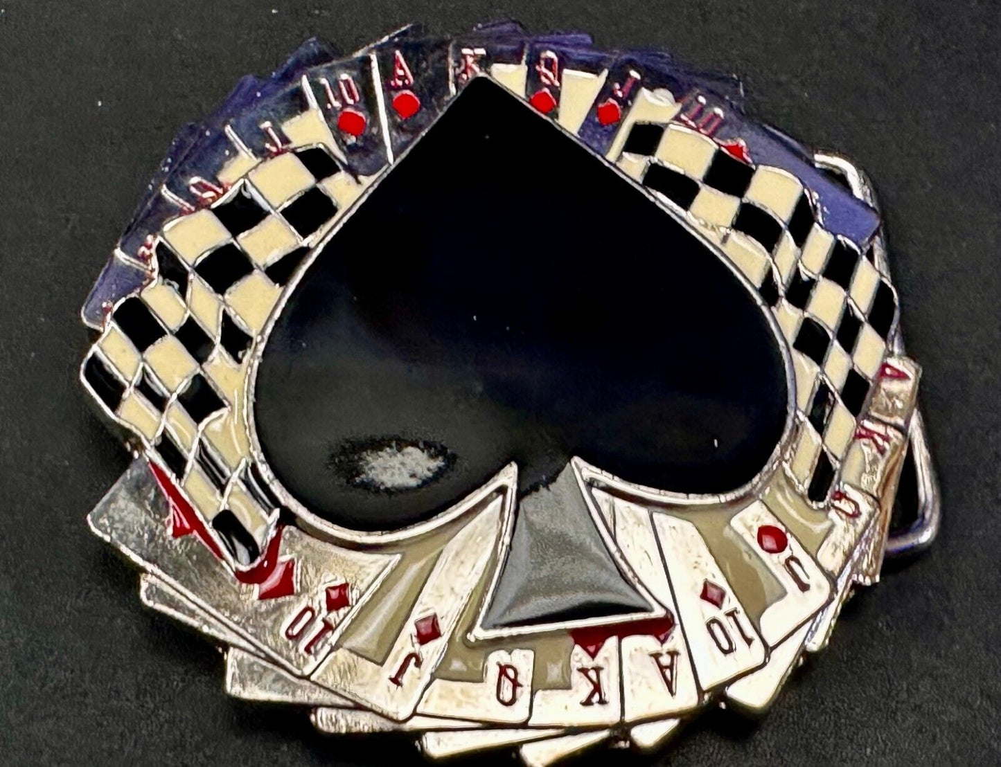 Ace of Spades Cards Royal Flush Poker Checkered Flag Gambling Casino Belt Buckle