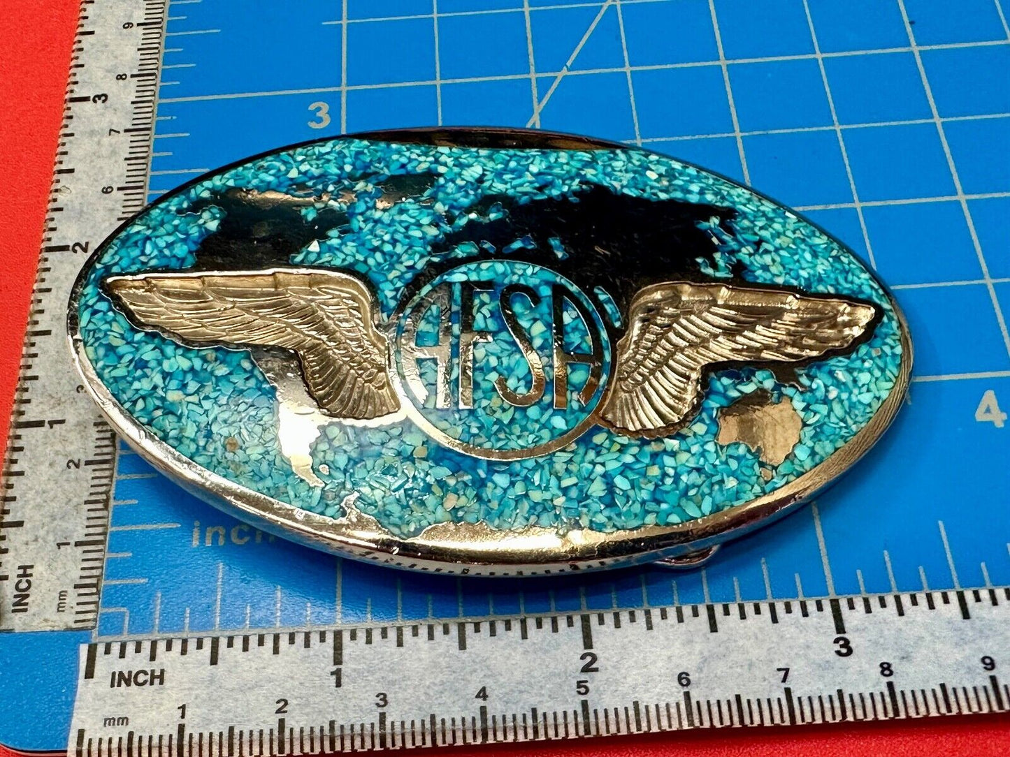 Air Force Sergeants Association AFSA Turquoise Chip inlaid oval belt buckle