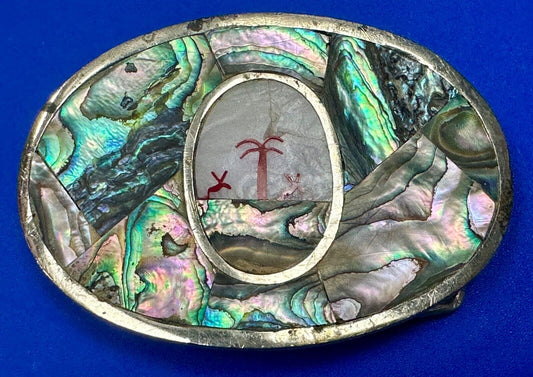 Abalone Shell Ocean Theme Palm Trees  3.5" wide Oval belt buckle from Mexico