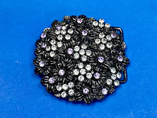Black And White Rhinestones Covering Vintage Cut Out Burst Flower Belt Buckle
