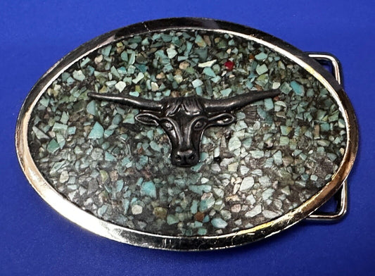 Turquoise chip inlaid Cowboys Cowgirls Longhorn Rodeo Cow Steer Oval Belt Buckle