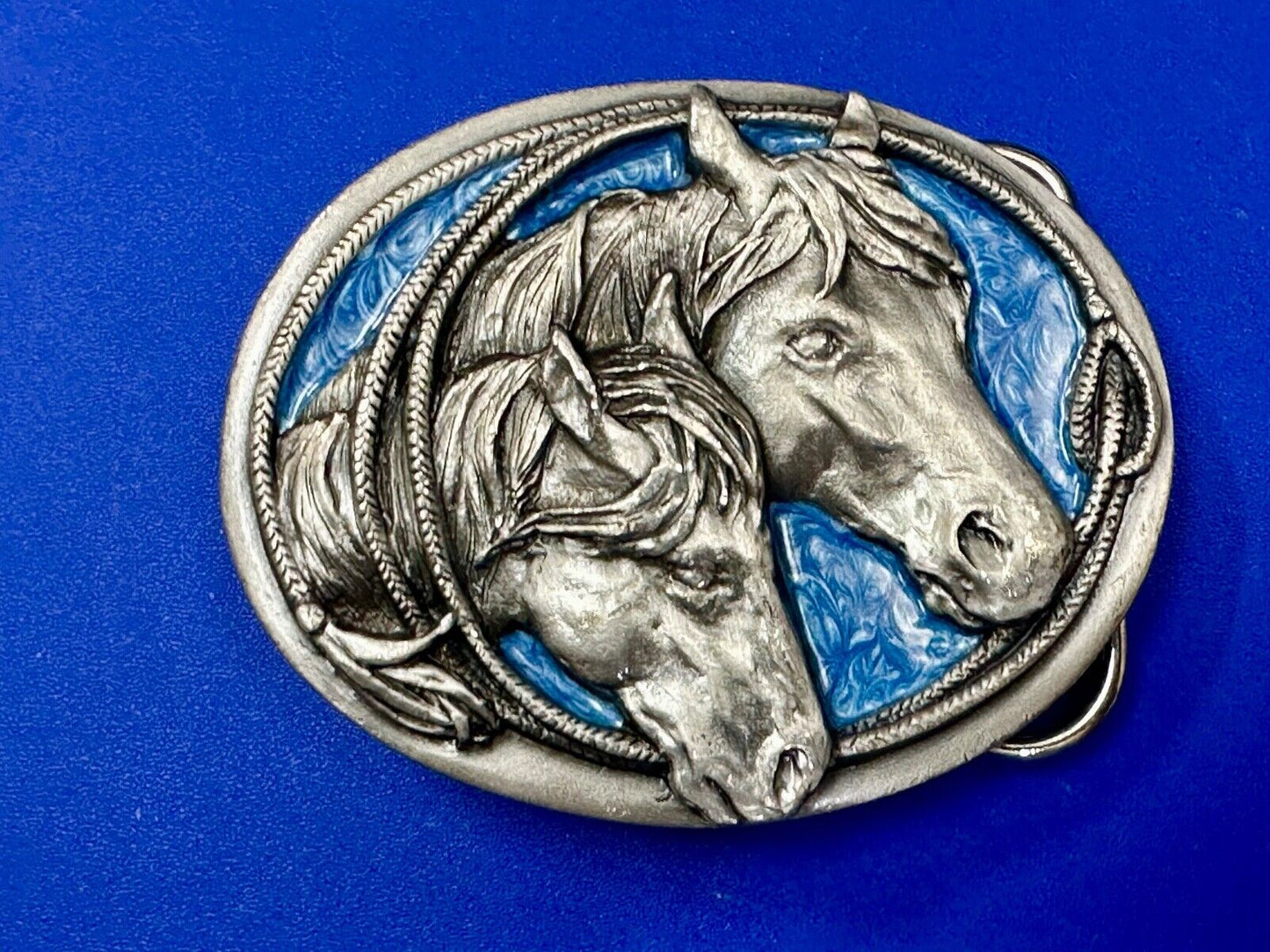 Two Horses - Vintage U-10 Siskiyou Blue Enamel Belt Buckle