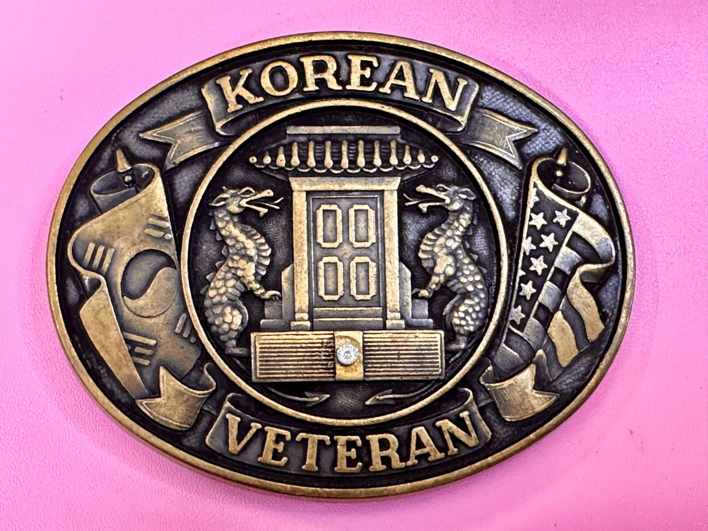 American Korean War Veteran WW II Soldier Commemorative Brass Tone Belt Buckle