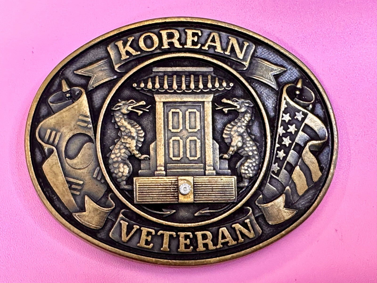 American Korean War Veteran WW II Soldier Commemorative Brass Tone Belt Buckle
