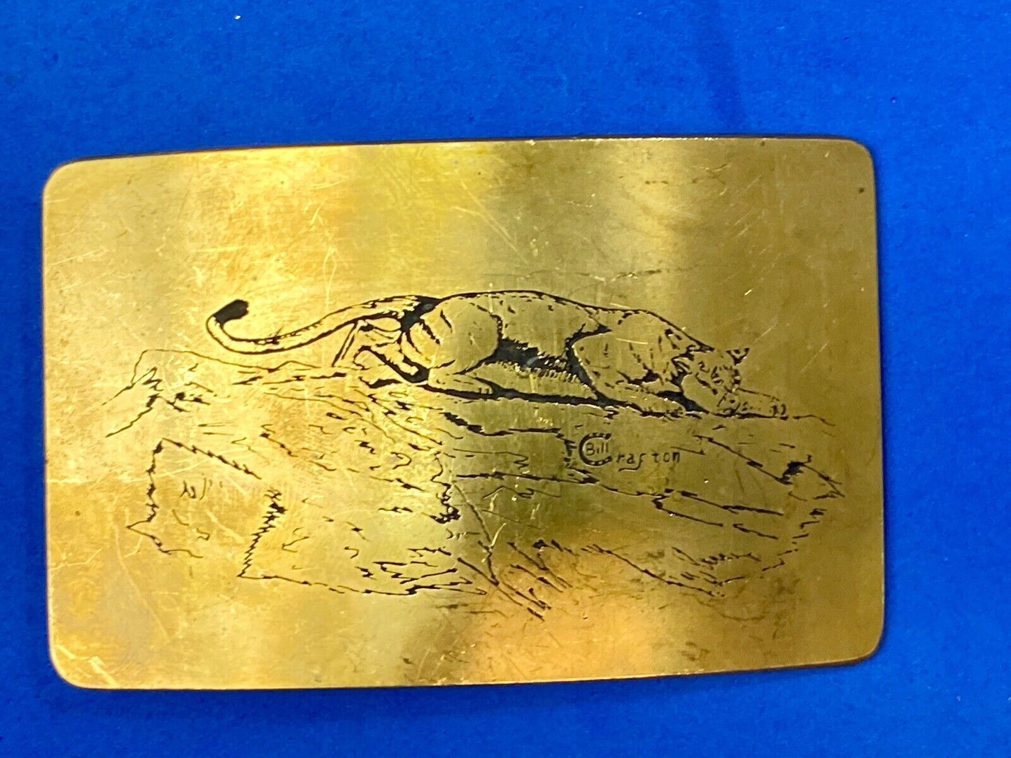 Vintage ART WORK Cat Cougar Tiger drawing Art Belt Buckle by BILL CRAFTON 