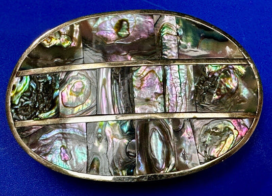 Artisan Natural Abalone Shell Vintage Belt Buckle Stamped Alpaca Mexico