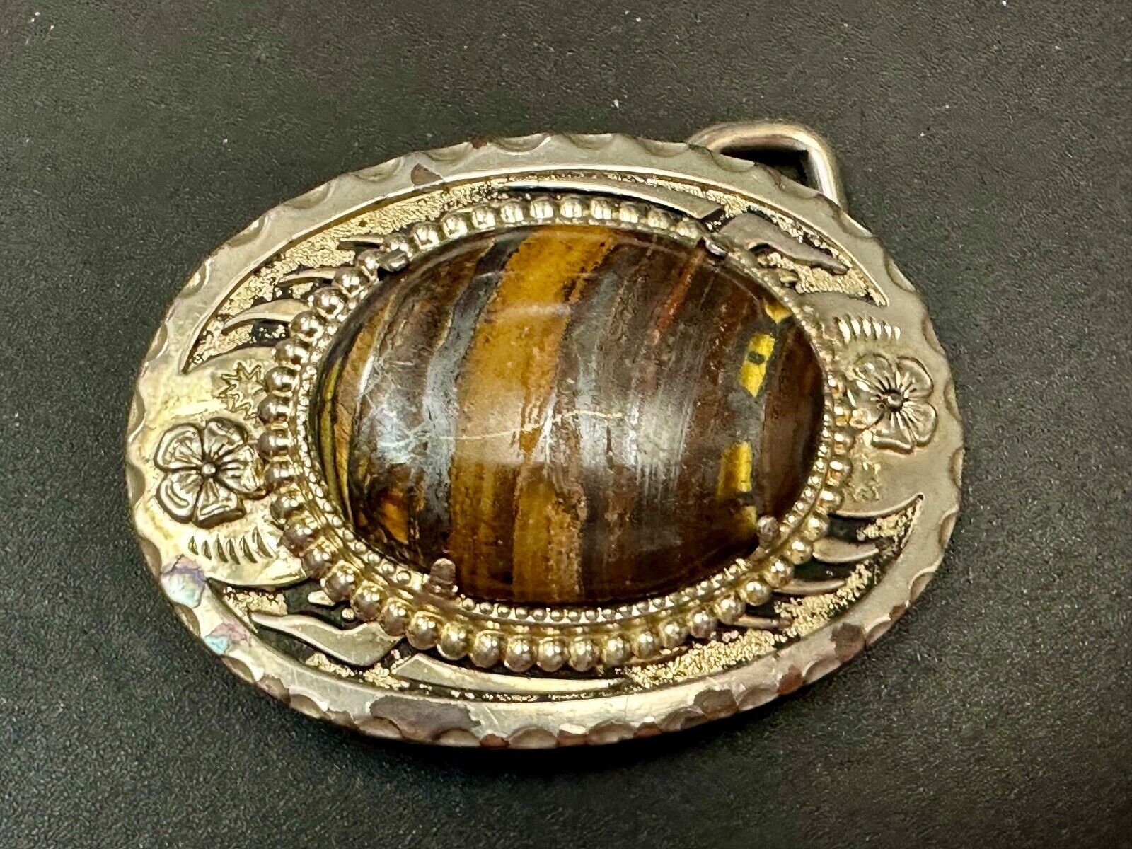 TIGER IRON Vintage Cabochon Cab Stone Centerpiece on Western Belt Buckle