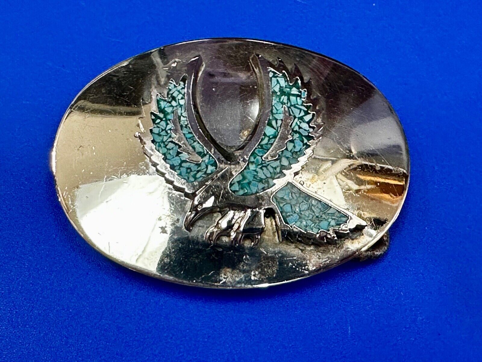 Turquoise Chip inlaid Flying Hunting Diving Patriotic American Eagle Belt Buckle