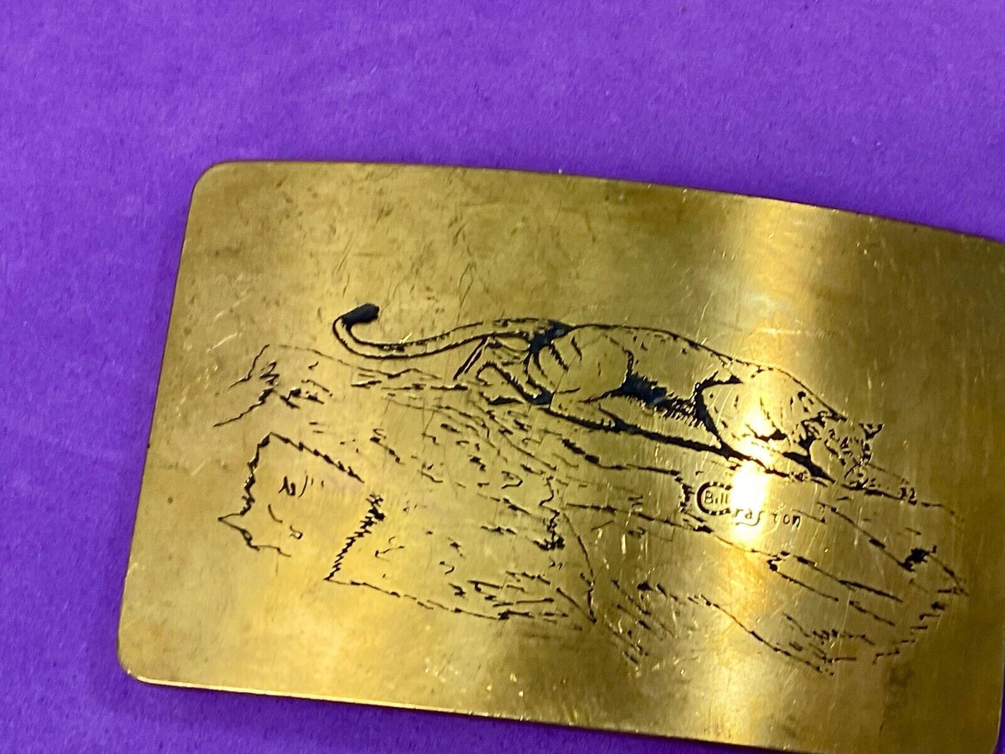 Vintage ART WORK Cat Cougar Tiger drawing Art Belt Buckle by BILL CRAFTON 
