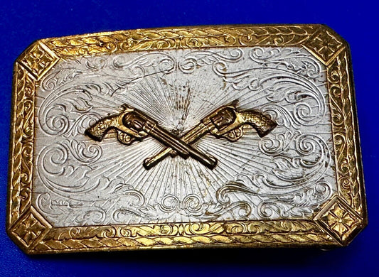 Twin Revolver Pistol Guns Two Tone Western Cowboy Vintage Belt Buckle