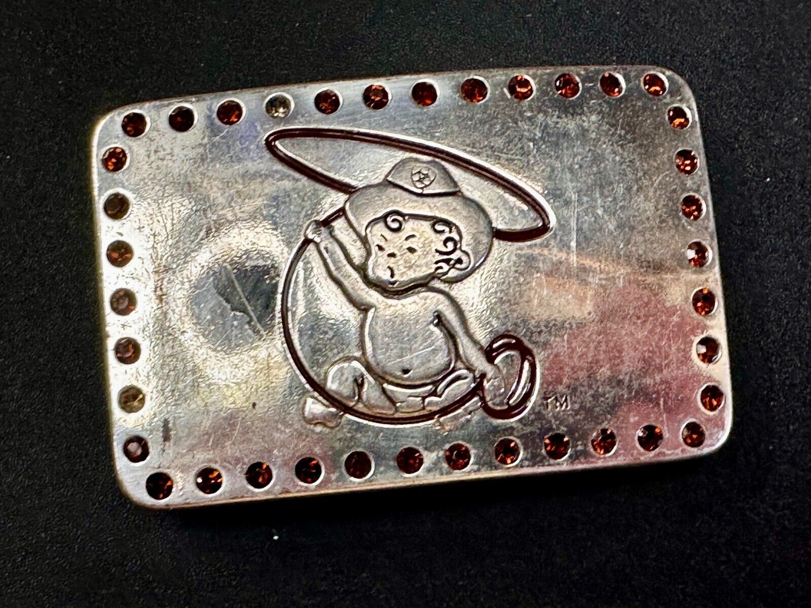 Baby Cowboy Roping Red Rhinestone Border Western Framed Ariat Belt Buckle