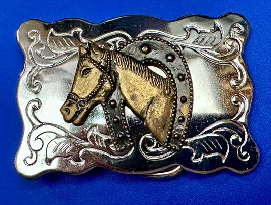 Vintage lucky horseshoe with head centerpiece on western two tone belt buckle