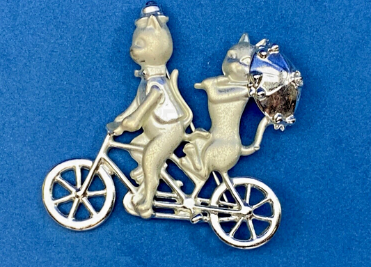 Vintage AJC Two Cats Riding Bicycle  with Umbrella Silver Tone Brooch Pin