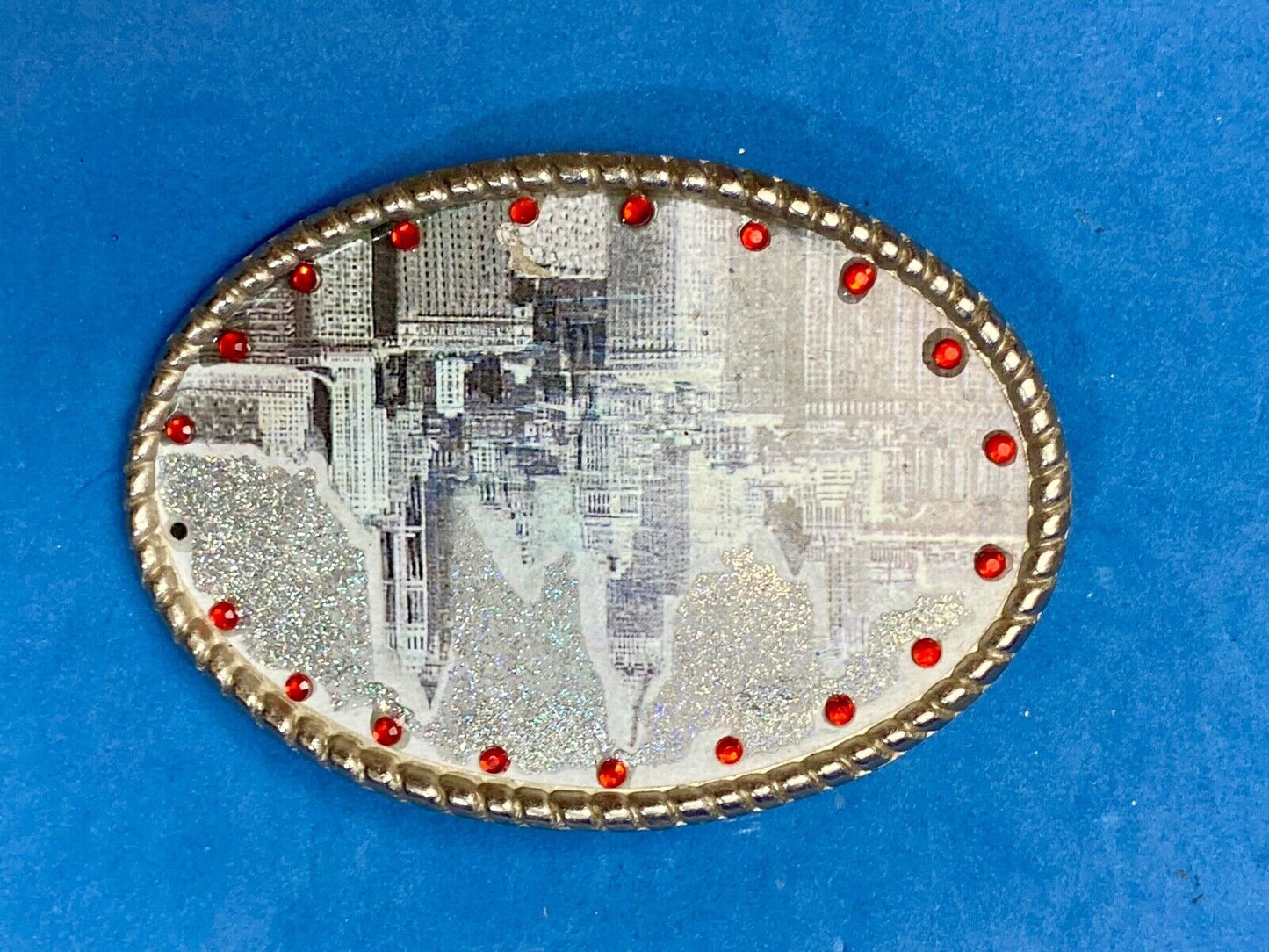 Black & White Cityscape Red Rhinestones Oval belt buckle