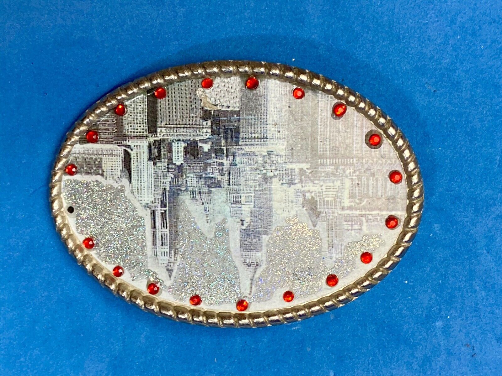 Black & White Cityscape Red Rhinestones Oval belt buckle