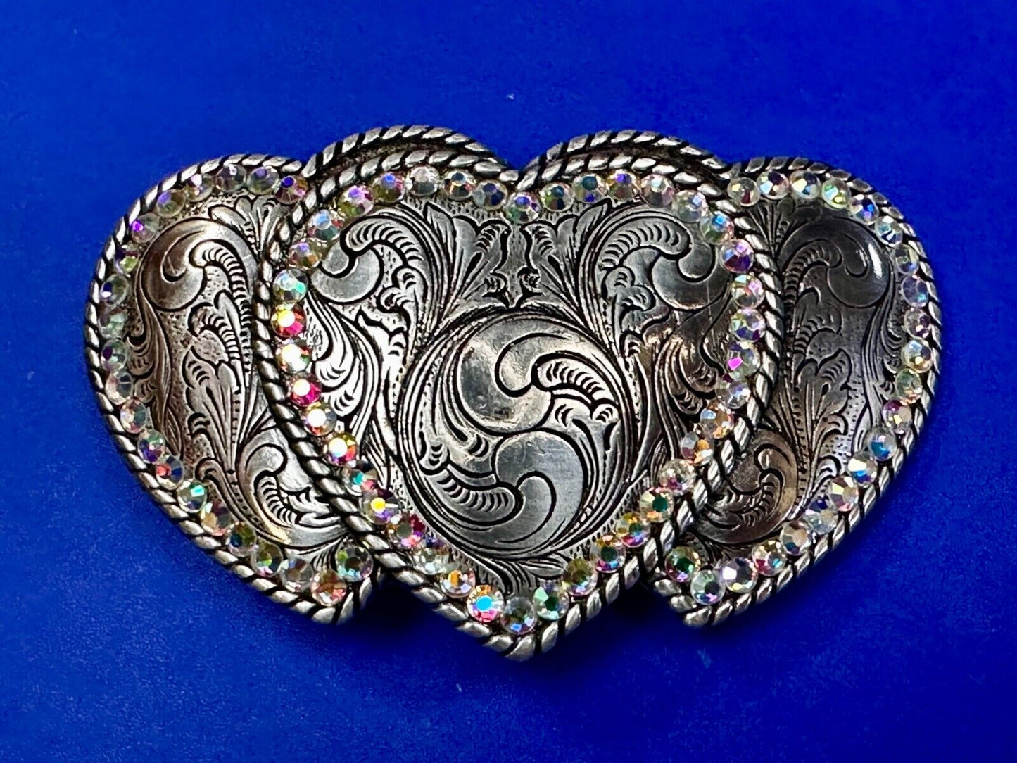Triple / 3 Hearts - Rhinestone accented Silver tone cutout western Belt Buckle