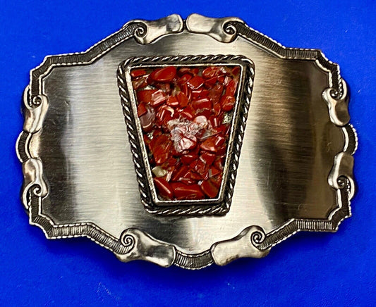 Vintage chunky red stones in centerpiece of Western Thick framed belt buckle