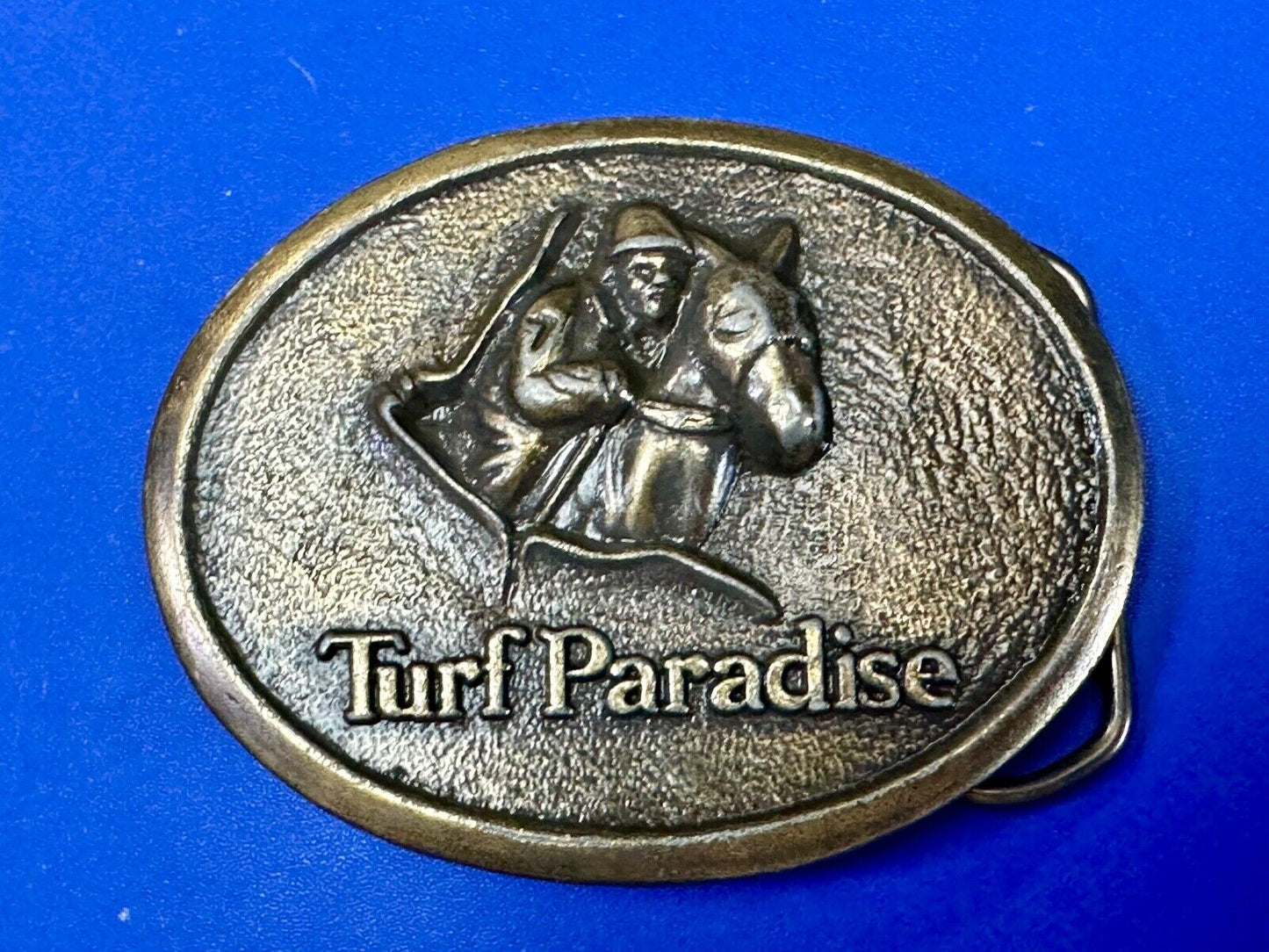 TURF PARADISE ARIZONA HORSE RACING TRACK VINTAGE BRASSTONE BELT BUCKLE