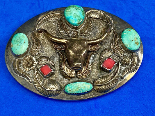 Turquoise & Coral Longhorn Western Belt Buckle By D.K.S. Dieter K.Stiglitz 